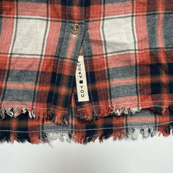 Lucky Brand Flannel Shirt Cropped Fringe 
Long Sleeve Button Up Country Western - Picture 2 of 10
